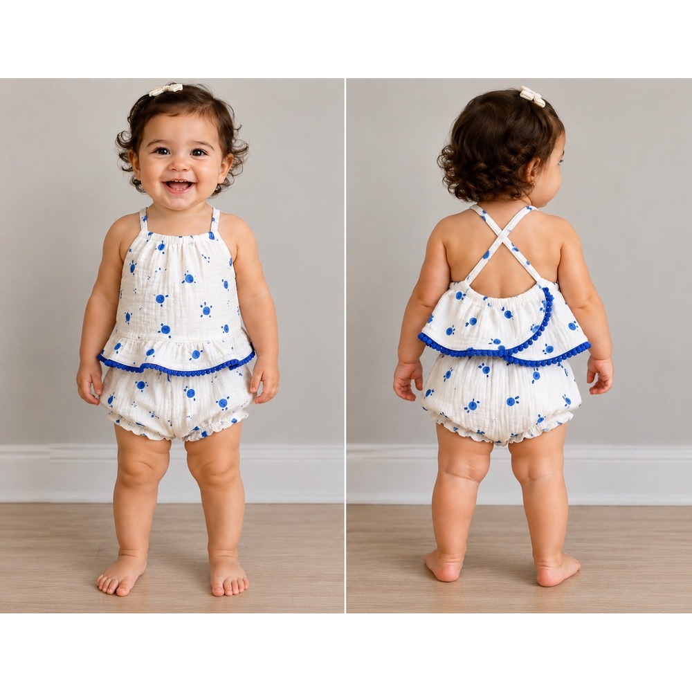 Cat & Jack 2pc Set Toddler Girls 18M White Blue Dot Gauze Ruffle Pom Pom Outfit